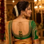 Emerald green Bridal Aari Blouse back view with deep U neck and Maggam Work