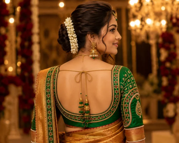 Emerald green Bridal Aari Blouse back view with deep U neck and Maggam Work