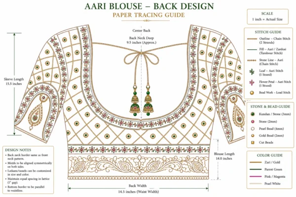 Aari Blouse back paper tracing design with U neck and embroidery layout