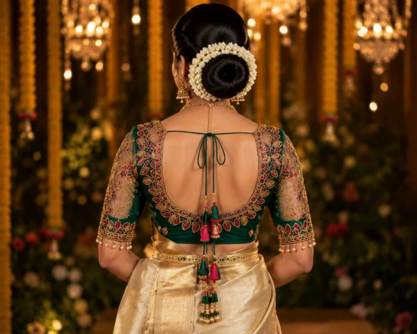 Deep U Back Emerald Green Bridal Aari Blouse with Floral Maggam Work, Tassels and Transparent Sleeves