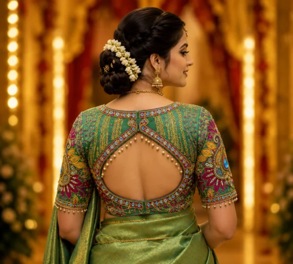 Emerald Green Bridal Aari Blouse Back Neck Design with Royal Paisley Maggam Embroidery and Crystal Bead Work