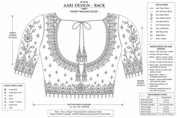Deep U Back Emerald Green Bridal Aari Blouse with Floral Maggam Work, Tassels and Transparent Sleeves paper tracing