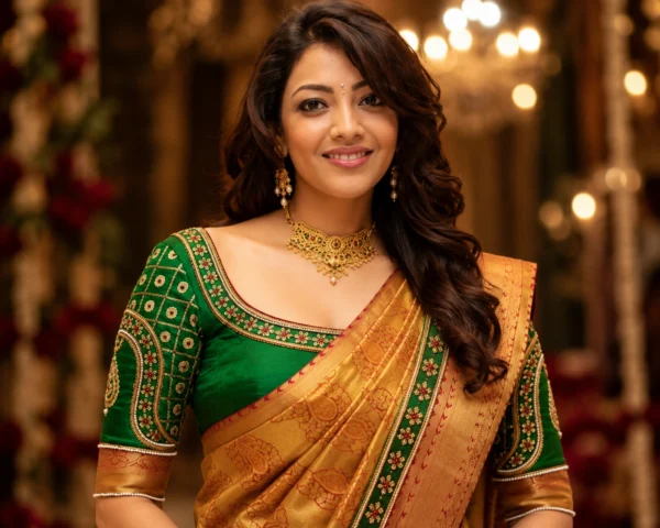 Emerald green Bridal Aari Blouse front view with gold lattice kundan embroidery