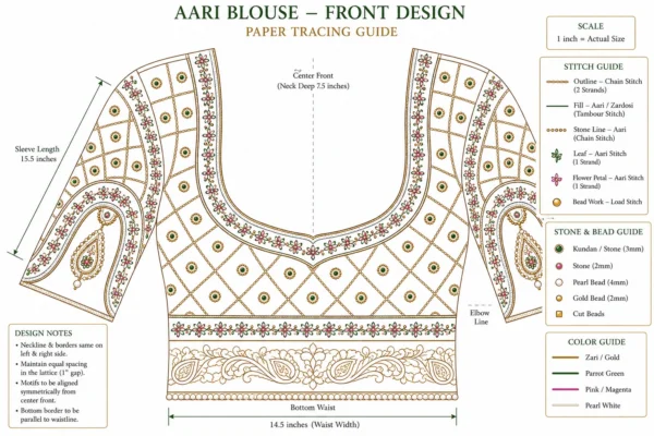 Aari Blouse front paper tracing design with floral border and lattice embroidery guide