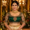 Emerald Green Floral Bridal Aari Blouse Front View with Premium Maggam Work and Transparent Net Sleeves