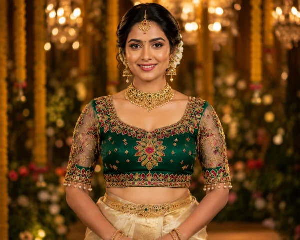 Emerald Green Floral Bridal Aari Blouse Front View with Premium Maggam Work and Transparent Net Sleeves