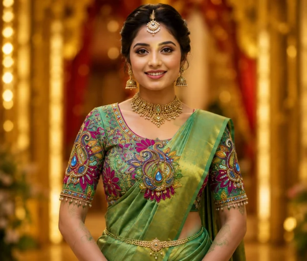 Emerald Green Royal Paisley Bridal Aari Blouse Front Design with Premium Maggam Work, Stone Work and Silk Thread Embroidery