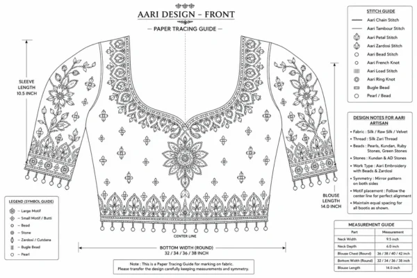Emerald Green Floral Bridal Aari Blouse Front View with Premium Maggam Work and Transparent Net Sleeves papert tracing