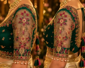 Transparent Net Sleeve Bridal Aari Embroidery with Floral Maggam Work, Ruby Stones and Antique Gold Beads