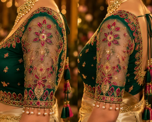 Transparent Net Sleeve Bridal Aari Embroidery with Floral Maggam Work, Ruby Stones and Antique Gold Beads
