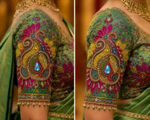 Luxury Bridal Aari Blouse Sleeve Design with Paisley Motif, Zardosi, Sequins and Premium Stone Embroidery