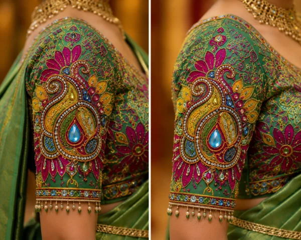 Luxury Bridal Aari Blouse Sleeve Design with Paisley Motif, Zardosi, Sequins and Premium Stone Embroidery