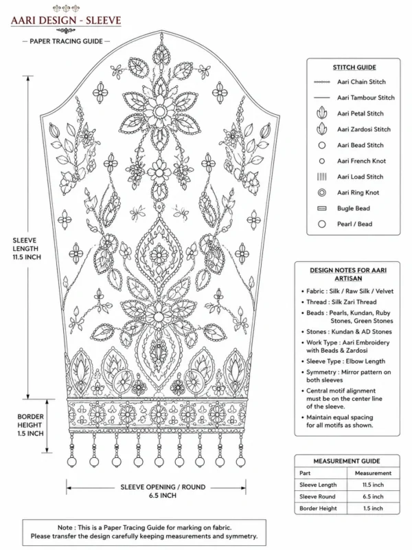 Transparent Net Sleeve Bridal Aari Embroidery with Floral Maggam Work, Ruby Stones and Antique Gold Beads paper tracing