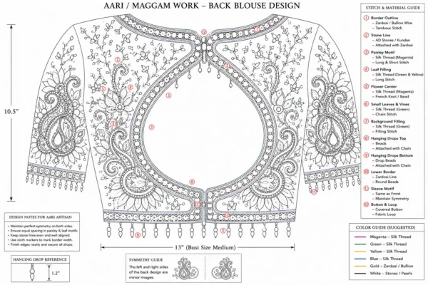 Back Paper Tracing Pattern for Emerald Green Royal Paisley Bridal Aari Blouse Design