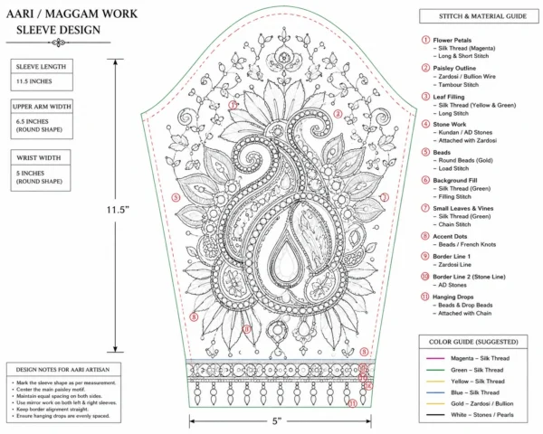 Sleeve Paper Tracing Pattern for Emerald Green Royal Paisley Bridal Aari Blouse Design