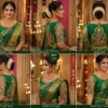 360-degree bridal view of Emerald Green Peacock Aari Bridal Blouse displaying front, back, and sleeve embroidery with luxurious temple-inspired Maggam Work.