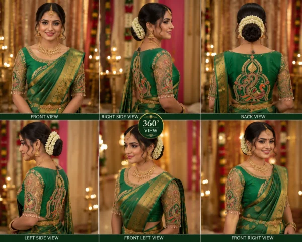 360-degree bridal view of Emerald Green Peacock Aari Bridal Blouse displaying front, back, and sleeve embroidery with luxurious temple-inspired Maggam Work.