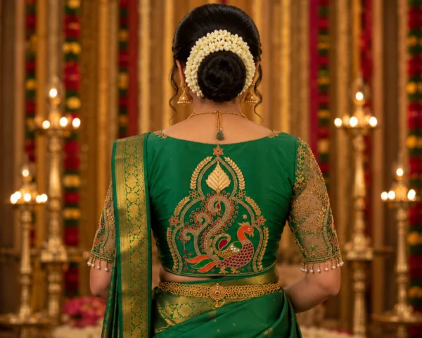 Back view of Emerald Green Peacock Aari Bridal Blouse with royal peacock motif, temple arch embroidery, antique zari, and handcrafted Aari work.
