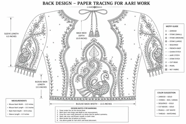 Back view of Emerald Green Peacock Aari Bridal Blouse with royal peacock motif, temple arch embroidery, antique zari, and handcrafted Aari work paper tracing