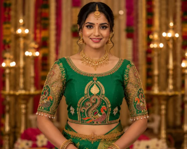 Emerald Green Peacock Aari Bridal Blouse front view featuring temple-inspired Maggam Work, zari embroidery, and traditional bridal craftsmanship.