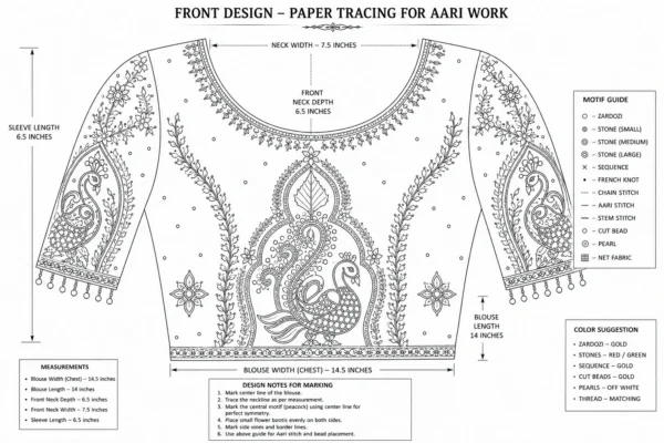 Emerald Green Peacock Aari Bridal Blouse front view featuring temple-inspired Maggam Work, zari embroidery, and traditional bridal craftsmanship paper tracing
