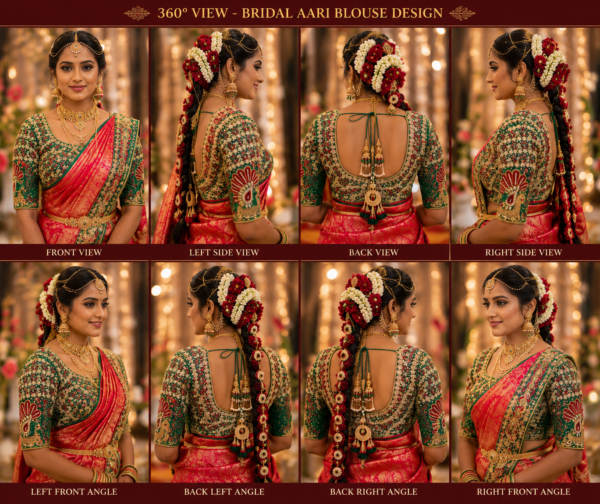 360 degree view of luxury emerald green bridal Aari blouse featuring floral embroidery and peacock Maggam work