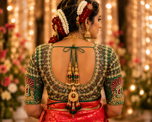Back neck bridal blouse featuring deep U neck with heavy Aari embroidery, kundan work and Maggam embroidery