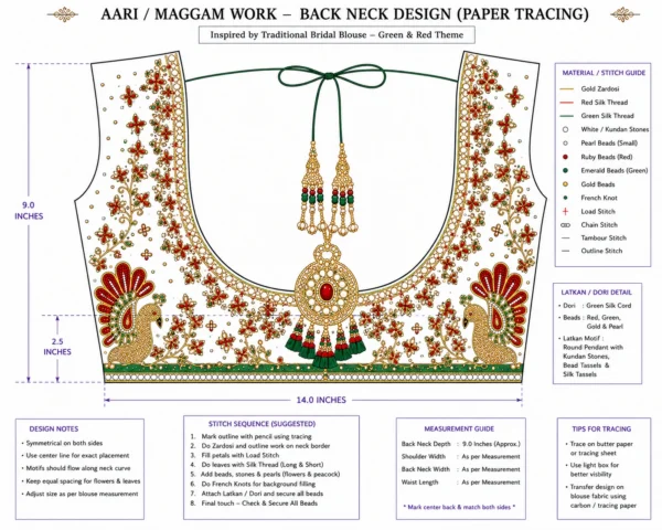 Back neck bridal blouse featuring deep U neck with heavy Aari embroidery, kundan work and Maggam embroidery