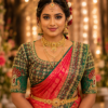 Front view of emerald green bridal Aari blouse with heavy Maggam work floral embroidery and peacock sleeves