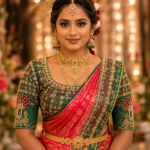 Front view of emerald green bridal Aari blouse with heavy Maggam work floral embroidery and peacock sleeves