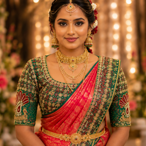 Front view of emerald green bridal Aari blouse with heavy Maggam work floral embroidery and peacock sleeves