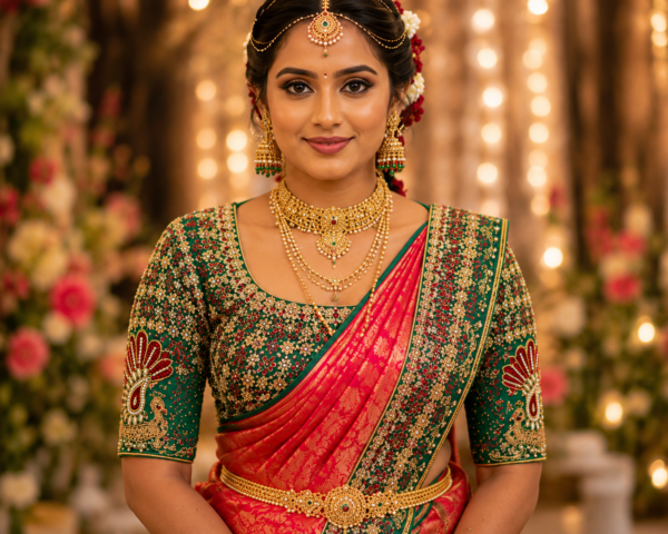 Front view of emerald green bridal Aari blouse with heavy Maggam work floral embroidery and peacock sleeves