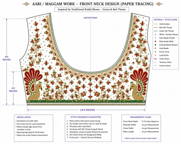 Front view of emerald green bridal Aari blouse with heavy Maggam work floral embroidery and peacock sleeves