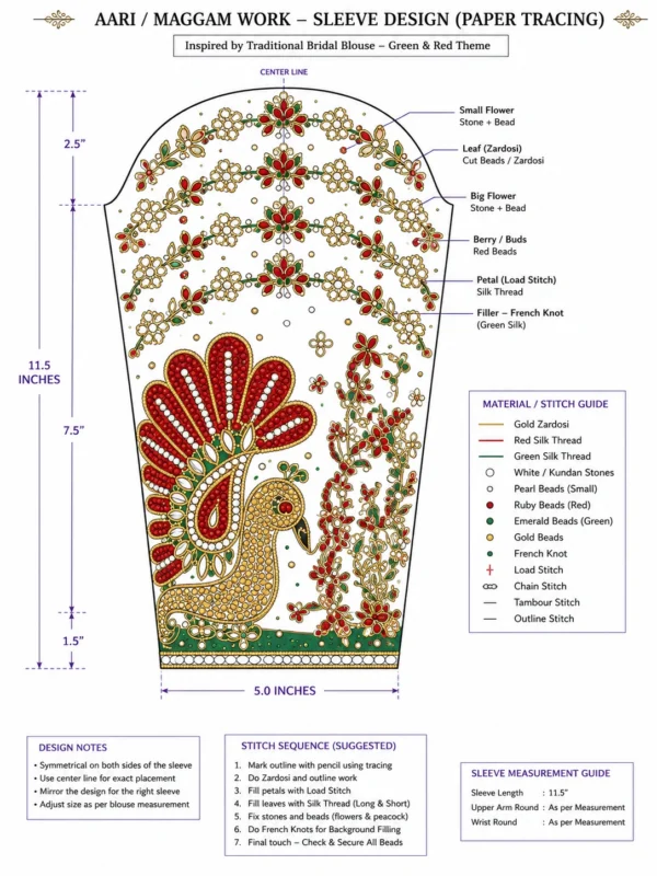 Close-up of handcrafted peacock sleeve Aari embroidery with kundan stones, pearls and Maggam work