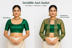Emerald Green Temple Heritage Invisible Aari Jacket Detachable Transparent Organza Bridal Jacket