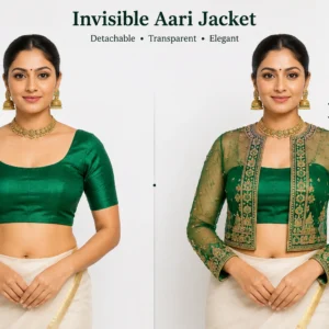 Emerald Green Temple Heritage Invisible Aari Jacket Detachable Transparent Organza Bridal Jacket