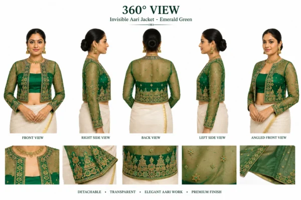 Emerald Green Temple Heritage Invisible Aari Jacket Detachable Transparent Organza Bridal Jacket 360 view