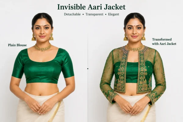 Emerald Green Temple Heritage Invisible Aari Jacket Detachable Transparent Organza Bridal Jacket