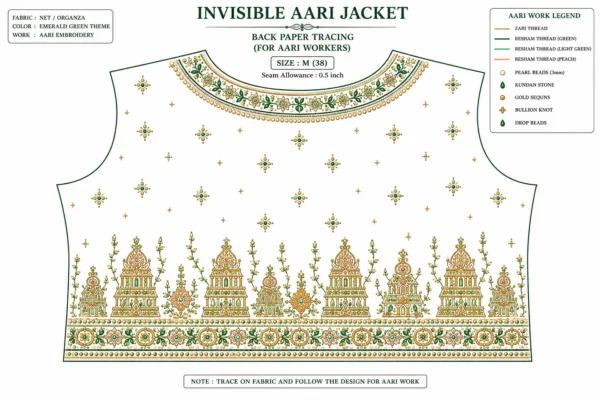 Emerald Green Temple Heritage Invisible Aari Jacket Detachable Transparent Organza Bridal Jacket back paper tracing