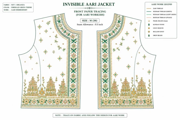 Emerald Green Temple Heritage Invisible Aari Jacket Detachable Transparent Organza Bridal Jacket front paper tracing