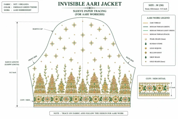 Emerald Green Temple Heritage Invisible Aari Jacket Detachable Transparent Organza Bridal Jacket sleeve paper tracing