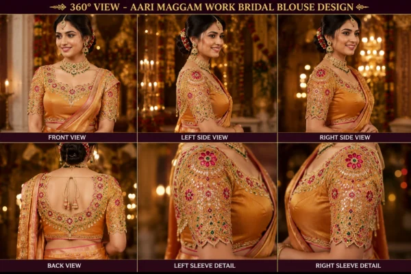 360-degree view of Golden Temple Heritage Bridal Aari Blouse showcasing front, back, sleeves and complete handcrafted Maggam Work embroidery for bridal wear.
