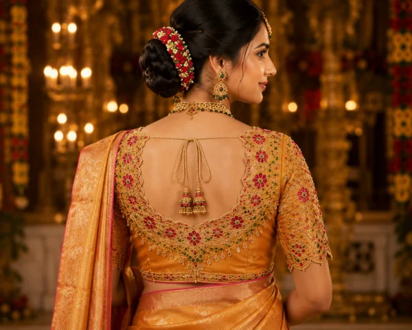 Golden Temple Heritage Bridal Aari Blouse Back View featuring deep U-neck, temple-inspired floral border, antique coin detailing and handcrafted Aari embroidery.