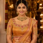 Golden Temple Heritage Bridal Aari Blouse Front View with premium Maggam Work, kundan stones, antique coin embroidery and floral neckline.
