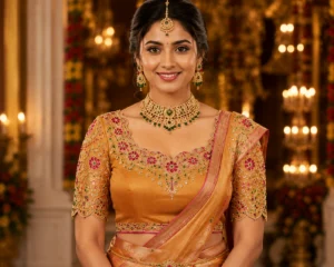 Golden Temple Heritage Bridal Aari Blouse Front View with premium Maggam Work, kundan stones, antique coin embroidery and floral neckline.