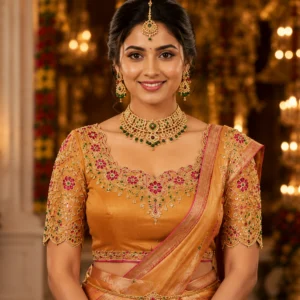 Golden Temple Heritage Bridal Aari Blouse Front View with premium Maggam Work, kundan stones, antique coin embroidery and floral neckline.
