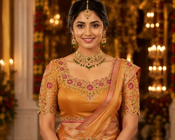 Golden Temple Heritage Bridal Aari Blouse Front View with premium Maggam Work, kundan stones, antique coin embroidery and floral neckline.