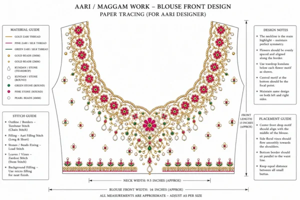 Golden Temple Heritage Bridal Aari Blouse Front View with premium Maggam Work, kundan stones, antique coin embroidery and floral neckline paper tracing