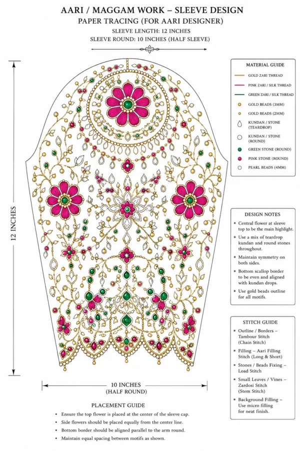 Luxury Bridal Aari Blouse Sleeve Design with floral Maggam Work, kundan stones, ruby and emerald embellishments, and scalloped border paper tracing