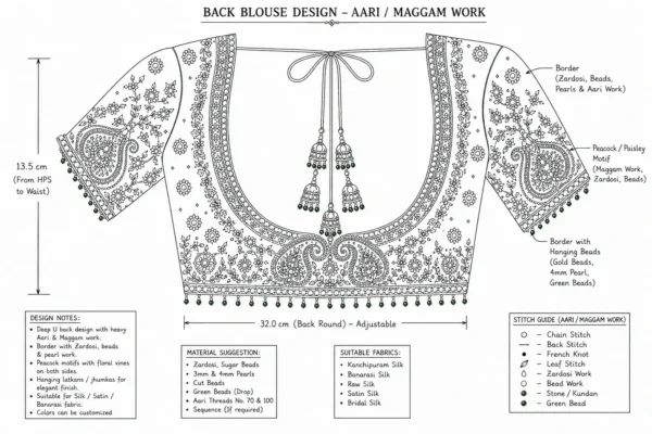 Green Peacock Aari Bridal Blouse back paper tracing with deep U neck and Maggam motifs